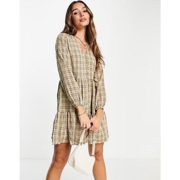 NWT Urban Threads Tiered V-Neck Brown Plaid Mini Dress-Size 10 - Picture 9 of 9